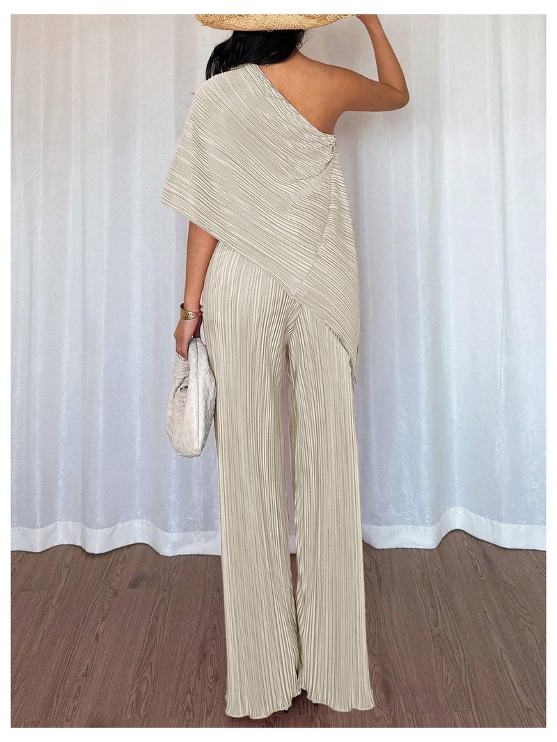 Floerns Women's 2 Piece Outfit Textured Off The Shoulder T Shirts and Long Pants Set Champagne Large - Image 3