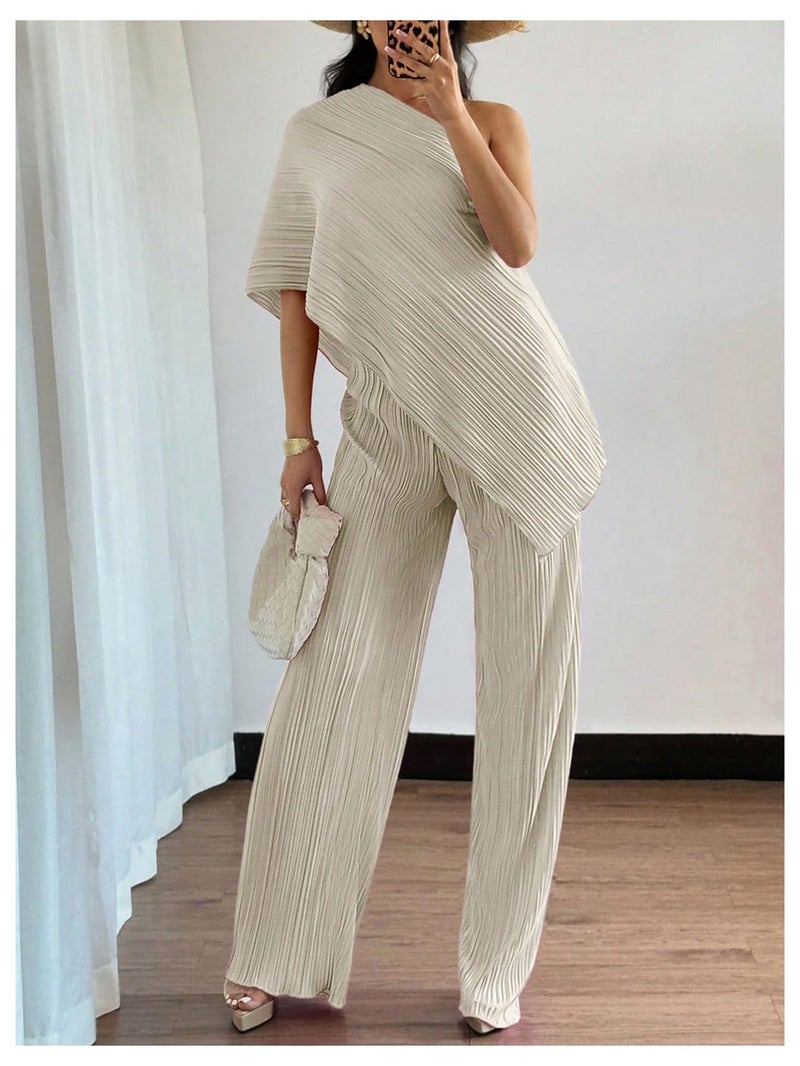 Floerns Women's 2 Piece Outfit Textured Off The Shoulder T Shirts and Long Pants Set Champagne Large - Image 2