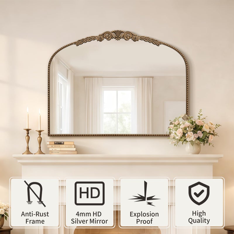 Besdomus Gold Large Arched Mirror: 40"x29" French Baroque Vintage Mirror - Traditional Ornate Antique Mirrors for Wall/Mantel/Bedroom/Entryway/Bathroom/Hallway - Home Decor for Fashion-Conscious - Image 2