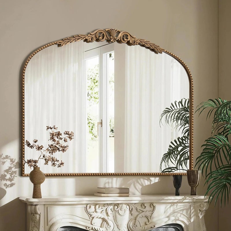 Besdomus Gold Large Arched Mirror: 40"x29" French Baroque Vintage Mirror - Traditional Ornate Antique Mirrors for Wall/Mantel/Bedroom/Entryway/Bathroom/Hallway - Home Decor for Fashion-Conscious - Image 1