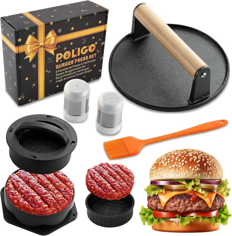POLIGO Smash Burger Press Kit - 4 in 1 Hamburger Patty Storage Containers,6.69" Round Cast Iron Smash Bacon Press- Non Stick Smash Burger Press Set for Grill and Griddle Cooking - Image 1