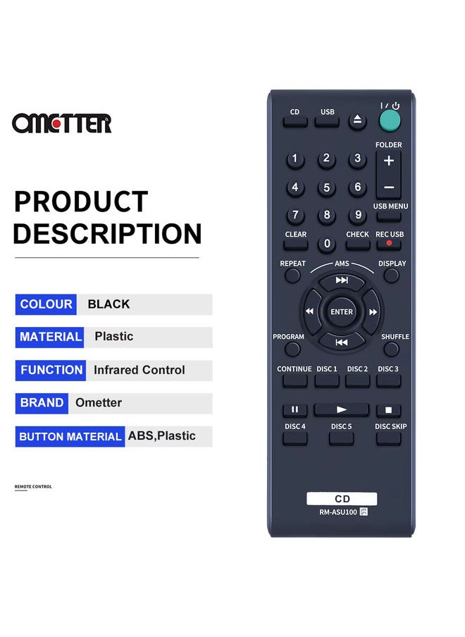OMETTER - RM-ASU100 Replaced Remote Fit for Sony Compact Disc CD Player CDP-CE500 CDPCE500 - Image 1