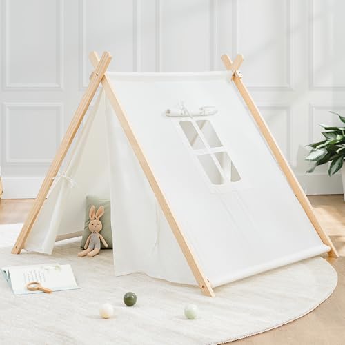 Comfy Cubs Kids Play Tent Breathable Cotton Teepee for Imaginative Activity Indoor Canvas Play Tent Easy Setup Safe Design and Spacious Layout for Children Natural Wood - Image 1