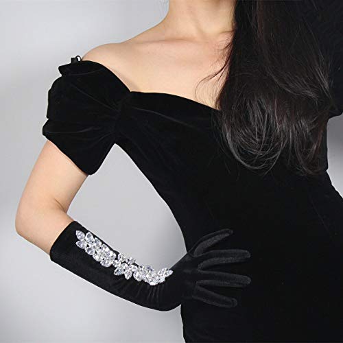 DooWay Black Velvet Gloves with Flower Blossom Crystal Rhinestone Chain Stretch Elbow Evening Party Gloves - Image 5