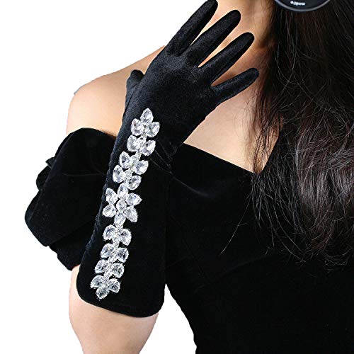 DooWay Black Velvet Gloves with Flower Blossom Crystal Rhinestone Chain Stretch Elbow Evening Party Gloves - Image 1