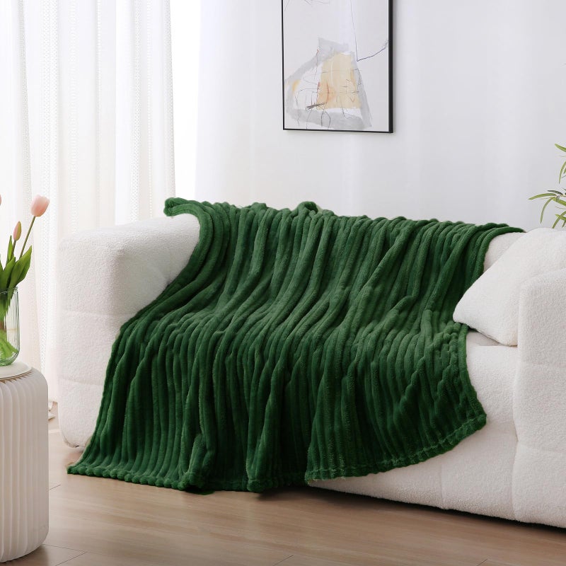 Linecooo Green Fleece Throw Blanket 50â€Ã—60â€ for Couch Sofa Bed,Super Soft Cozy Plush Microfiber Flannel Blanket with Stripes Design Lightweight for Adults Woman Girls - Image 2