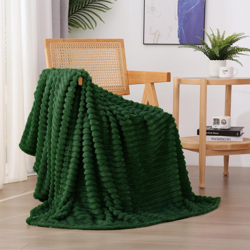 Linecooo Green Fleece Throw Blanket 50â€Ã—60â€ for Couch Sofa Bed,Super Soft Cozy Plush Microfiber Flannel Blanket with Stripes Design Lightweight for Adults Woman Girls - Image 1