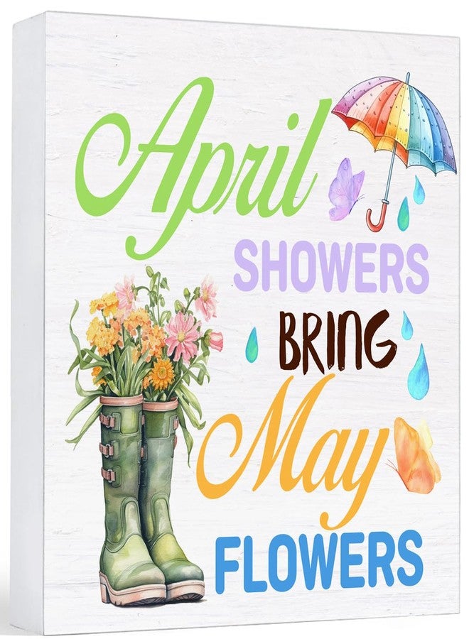 Zauly Spring Decor Farmhouse April Showers Bring May Flowers Wood Sign Spring Decorations Country Home Table Desk Decor (5 x 5 Inches) - Image 1