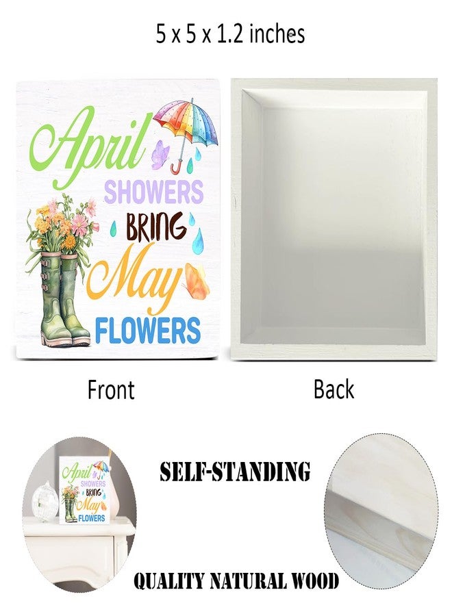 Zauly Spring Decor Farmhouse April Showers Bring May Flowers Wood Sign Spring Decorations Country Home Table Desk Decor (5 x 5 Inches) - Image 2
