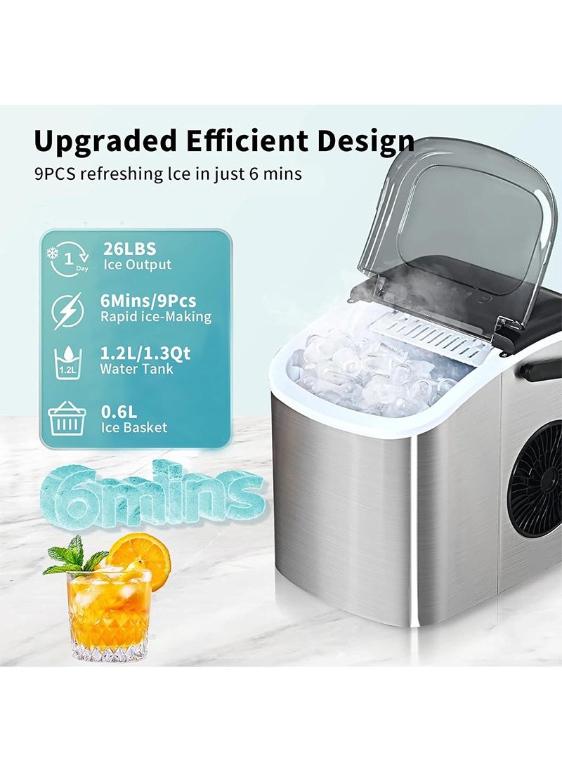 Ice Maker Machine, Household Ice Maker-25 Pounds/24 H, 9 Ice Cubes in 6 Mins, Portable Ice Machine for Home, Office, Kitchen, Camping, Parties(Grey)