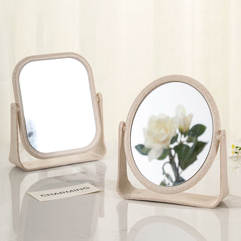 Hd Double-Sided Makeup Mirror Desktop Wheat Straw Colorful Dressing Mirror Folding Portable Large Square Princess Mirror - Image 2