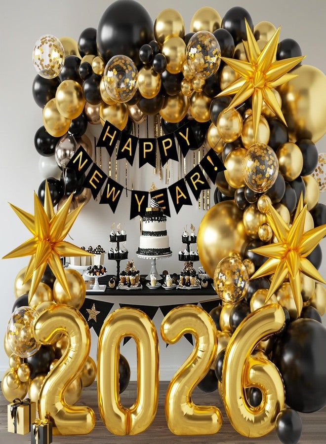 Sllyfo 140Pcs New Year Decorations 2026 Balloons Arch - Party Supplies 2026 with Black & Gold 2026 Balloons, Happy New Year Banner - Perfect for Eve Celebrations - Image 3