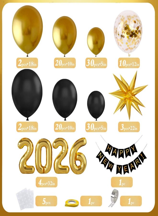 Sllyfo 140Pcs New Year Decorations 2026 Balloons Arch - Party Supplies 2026 with Black & Gold 2026 Balloons, Happy New Year Banner - Perfect for Eve Celebrations - Image 5