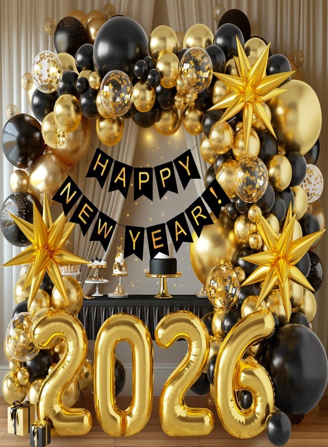 Sllyfo 140Pcs New Year Decorations 2026 Balloons Arch - Party Supplies 2026 with Black & Gold 2026 Balloons, Happy New Year Banner - Perfect for Eve Celebrations - Image 2