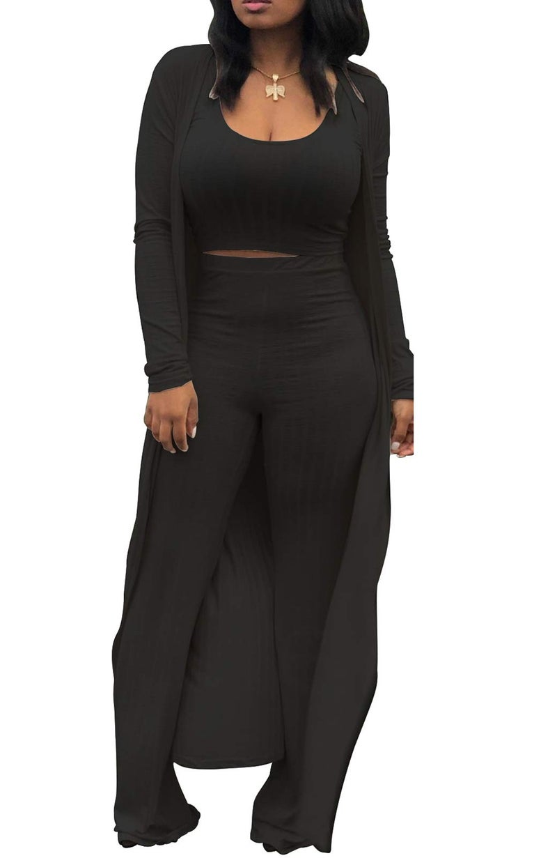 LKOUS Women's Black 3 Piece Outfits Ribbed Knit Crop Tank Wide Leg Pants Long Cardigan Set - Image 1