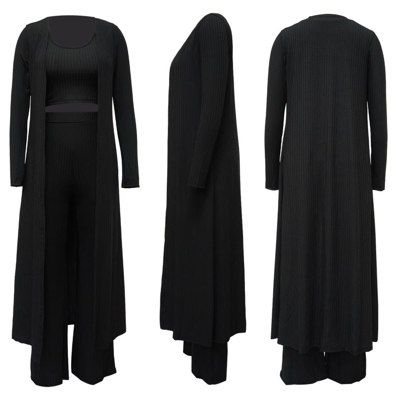 LKOUS Women's Black 3 Piece Outfits Ribbed Knit Crop Tank Wide Leg Pants Long Cardigan Set - Image 5