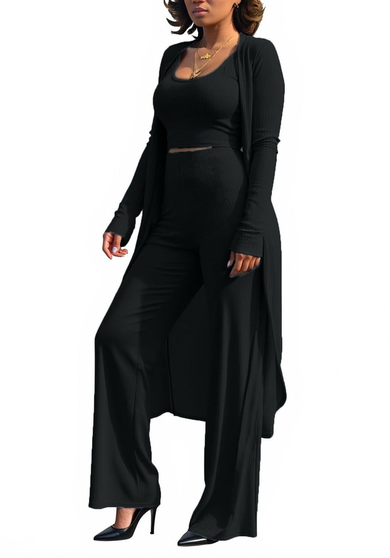 LKOUS Women's Black 3 Piece Outfits Ribbed Knit Crop Tank Wide Leg Pants Long Cardigan Set - Image 2