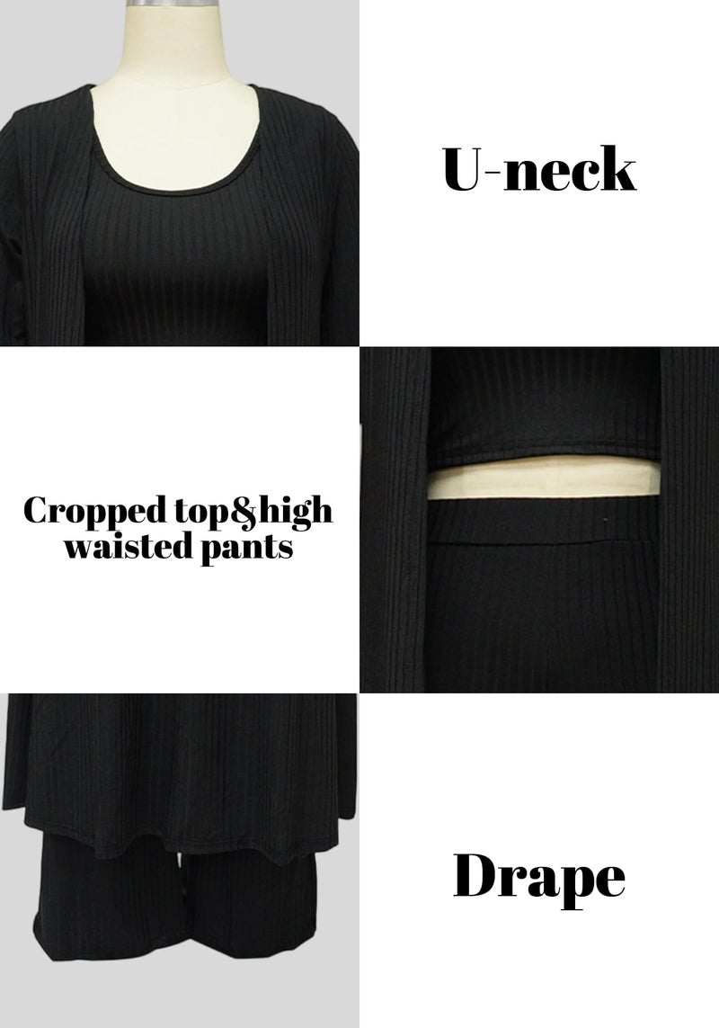 LKOUS Women's Black 3 Piece Outfits Ribbed Knit Crop Tank Wide Leg Pants Long Cardigan Set - Image 4