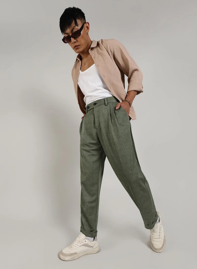 Campus Sutra Men's Olive Green Tailored Heathered Trousers