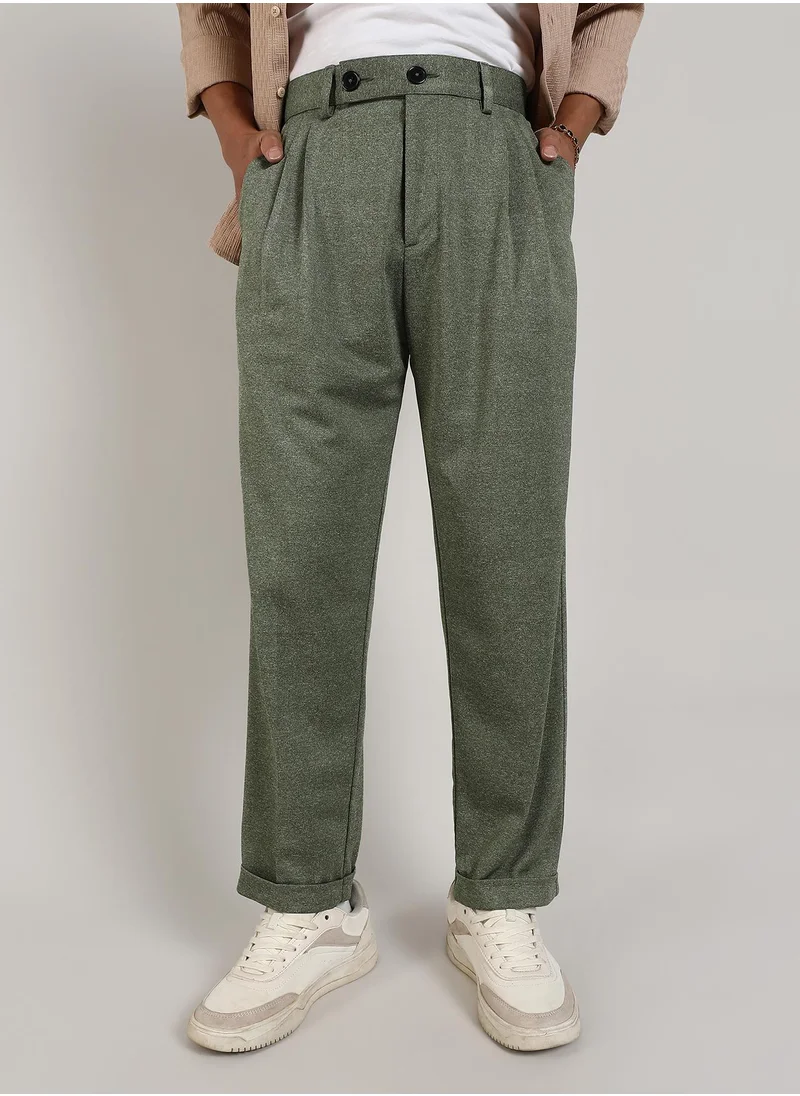 Campus Sutra Men's Olive Green Tailored Heathered Trousers