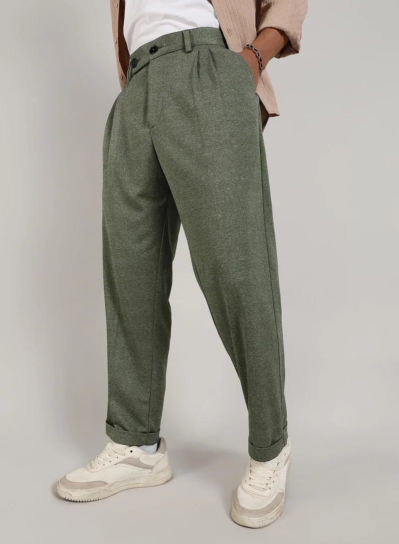 Campus Sutra Men's Olive Green Tailored Heathered Trousers