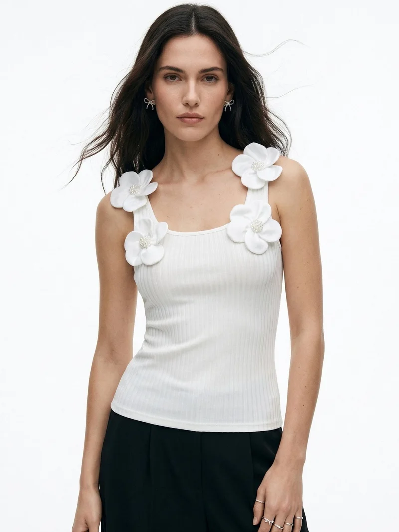 OUTZIDR White Floral Embellished Sleeve Fitted Top