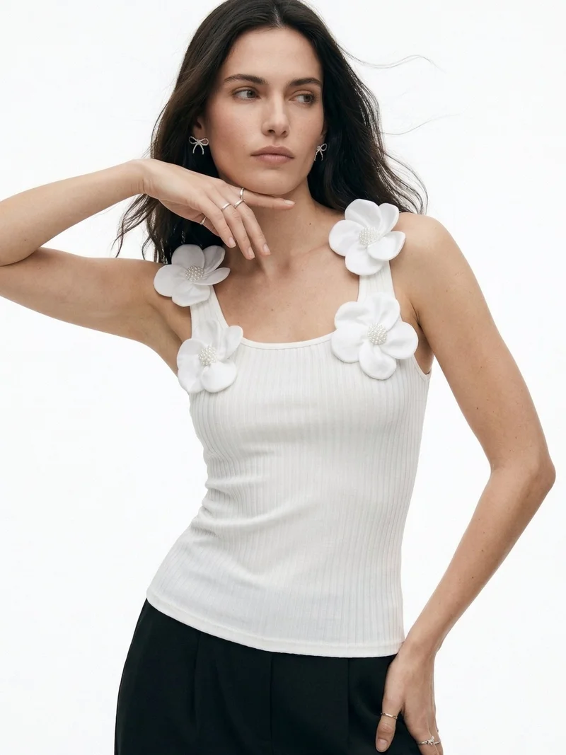 OUTZIDR White Floral Embellished Sleeve Fitted Top