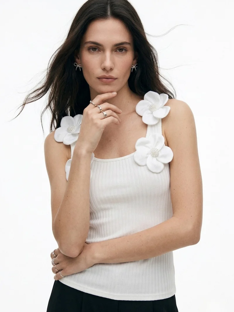 Outzidr  White Floral Embellished Sleeve Fitted Top for Women | Best Price UAE