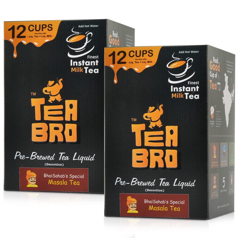 TEA BRO, Instant Milk Tea (Masala Tea Flavour) - Pack of 2 | Pre-Brewed Tea Liquid Decoction (Concentrate) | Just Add Hot Water | Per Pack - 12 Tea Kits with (Liq.Tea + Liq.Milk + Sugar) - BhaiSahab's Special, Masala Tea Blend - Image 1