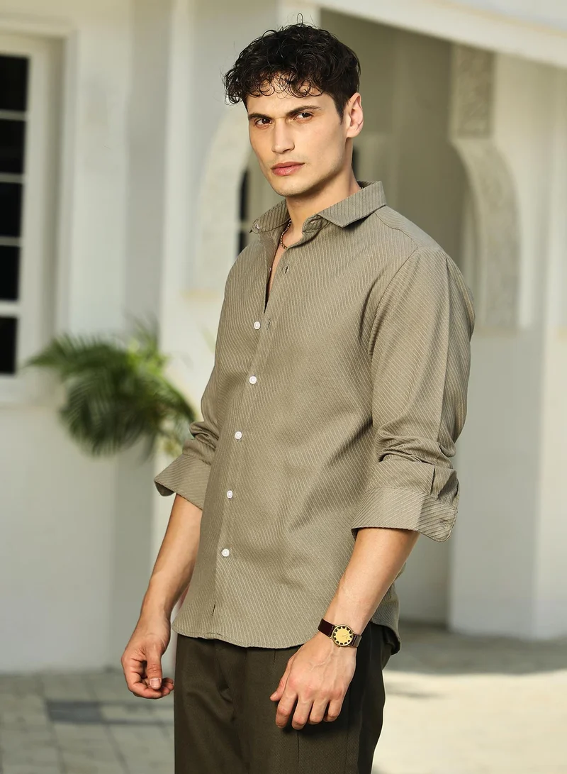 Campus Sutra  Men's Dark Khaki Slanted-Trough Shirt for Men | Best Price UAE