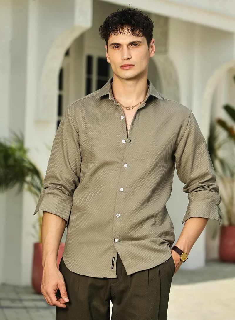 Campus Sutra Men's Dark Khaki Slanted-Trough Shirt