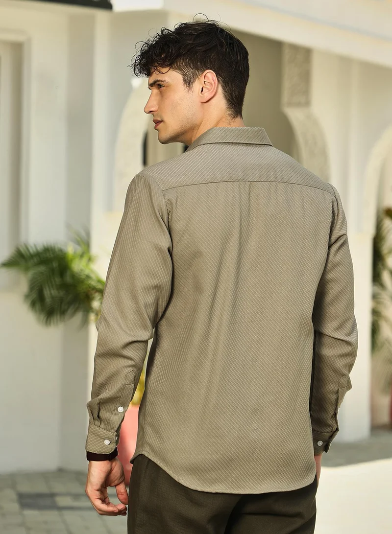 Campus Sutra  Men's Dark Khaki Slanted-Trough Shirt for Men | Best Price UAE