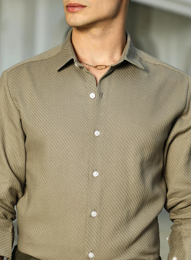 Campus Sutra  Men's Dark Khaki Slanted-Trough Shirt for Men | Best Price UAE