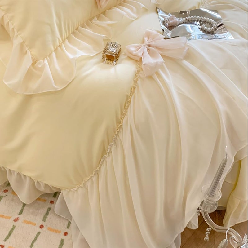SOUKECHY Chic Lace Bedding,Girls Twin Aesthetic Comforter Cover Set,Romantic French Princess Style Ruffled Duvet Cover with Lovely Bow with Zipper Closure-Yellow,Twin Size - Image 5