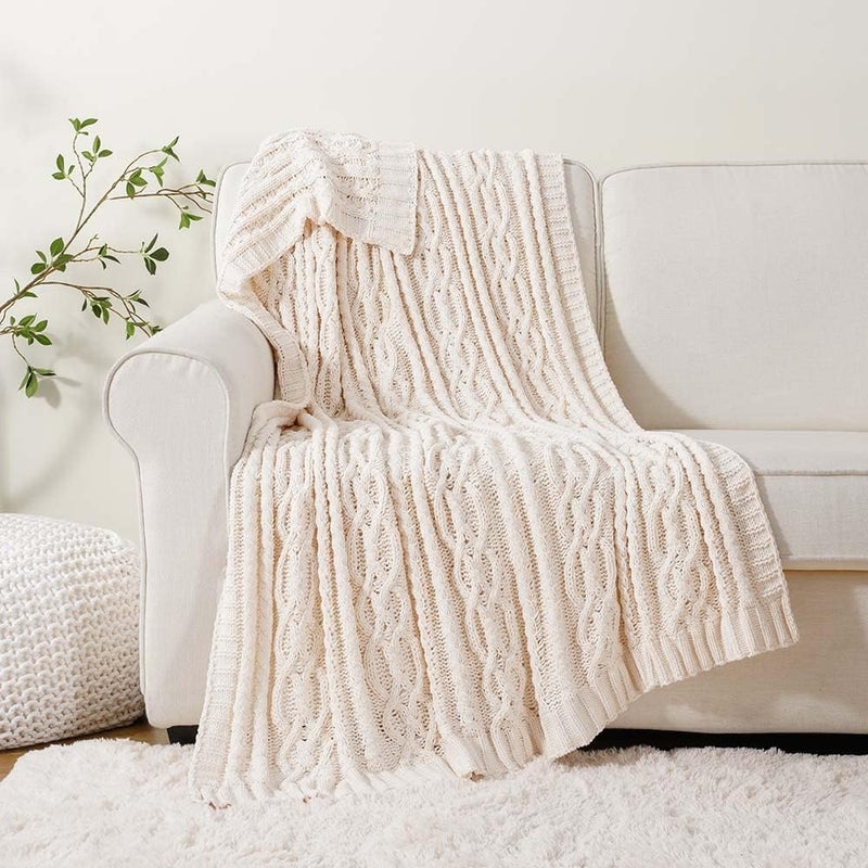 Battilo Cream White Ivory Throw Blanket for Couch, 51x 67 Inch, Woven Chenille Knit Throw Blanket for Chair, Super Soft Warm Decorative Textured Throw Blanket for Bed, Sofa and Living Room. - Image 4