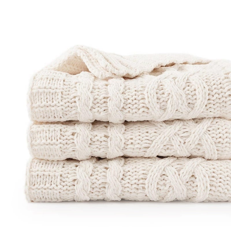 Battilo Cream White Ivory Throw Blanket for Couch, 51x 67 Inch, Woven Chenille Knit Throw Blanket for Chair, Super Soft Warm Decorative Textured Throw Blanket for Bed, Sofa and Living Room. - Image 1