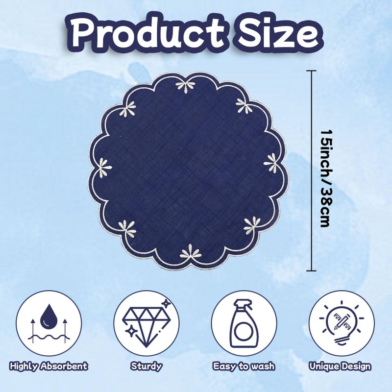 SK Studio Set of 6 Cotton Linen Placemats, 15x15 Round Scalloped Cloth Table Mats, Embroidery Double Layered Washable Dining Placemat for Hotel Restaurant Kitchen, Navy Blue - Image 2