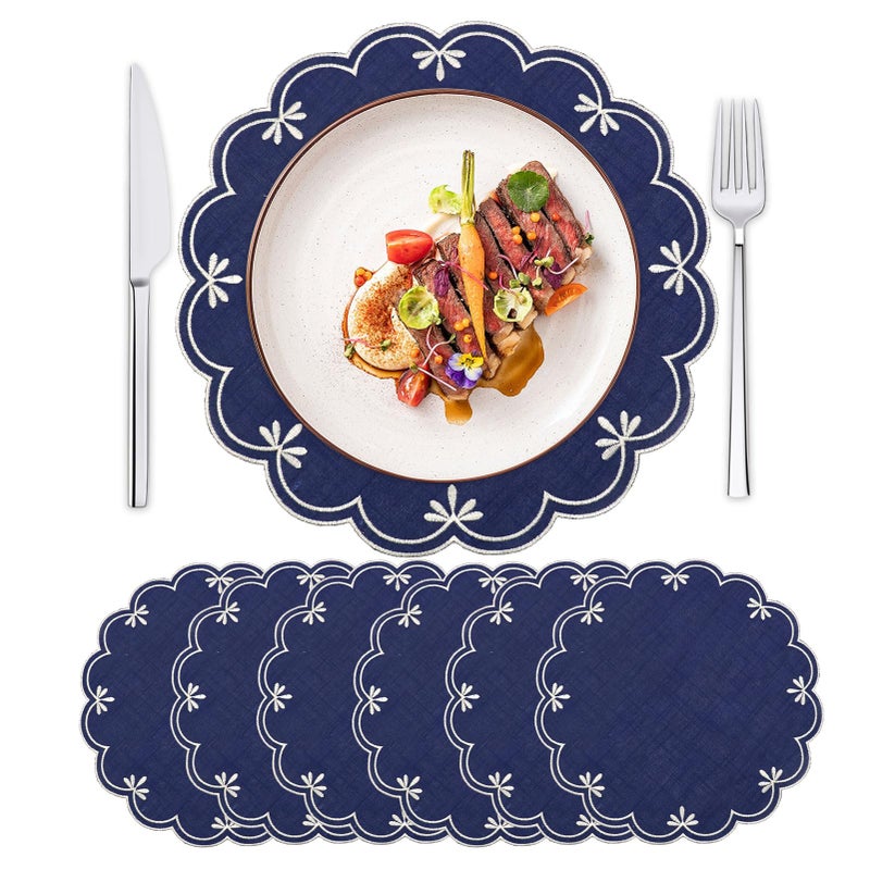 SK Studio Set of 6 Cotton Linen Placemats, 15x15 Round Scalloped Cloth Table Mats, Embroidery Double Layered Washable Dining Placemat for Hotel Restaurant Kitchen, Navy Blue - Image 1