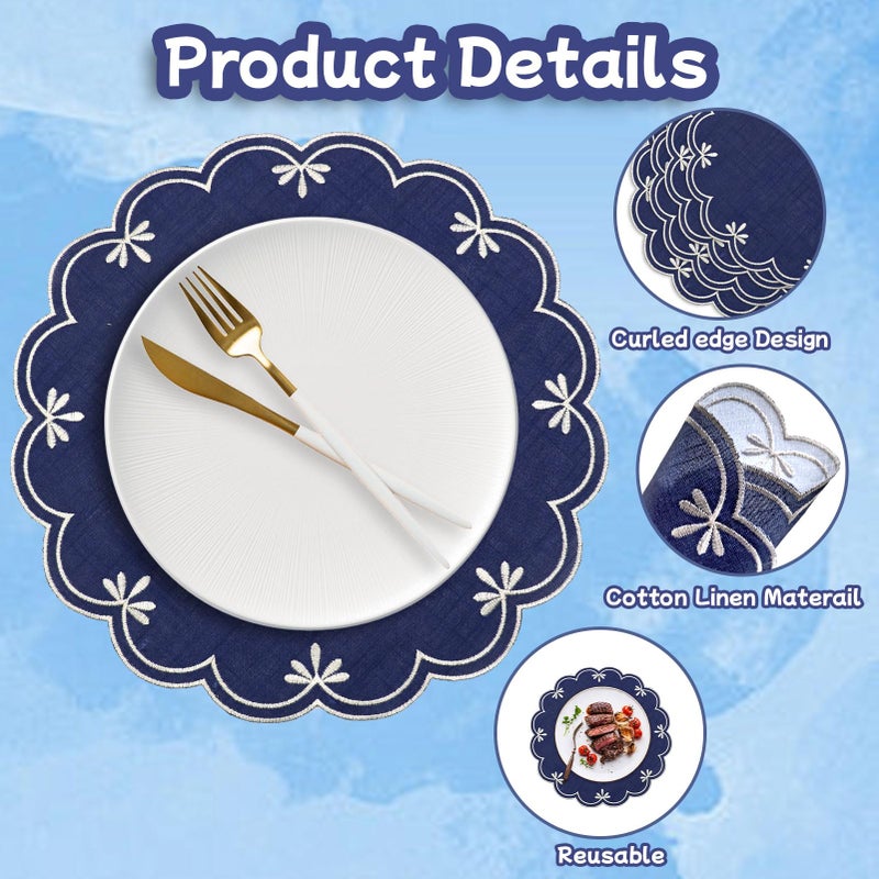 SK Studio Set of 6 Cotton Linen Placemats, 15x15 Round Scalloped Cloth Table Mats, Embroidery Double Layered Washable Dining Placemat for Hotel Restaurant Kitchen, Navy Blue - Image 3
