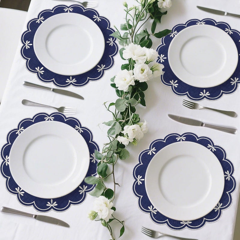 SK Studio Set of 6 Cotton Linen Placemats, 15x15 Round Scalloped Cloth Table Mats, Embroidery Double Layered Washable Dining Placemat for Hotel Restaurant Kitchen, Navy Blue - Image 5