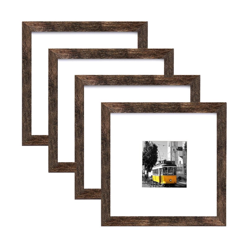 Picrit 10x10 Picture Frame Set of 4  Made of High Definition Real Glass  Display 5x5 with Mat or 10x10 Without Mat  Photo Frames for Wall Mounting Display  Brown - Image 1