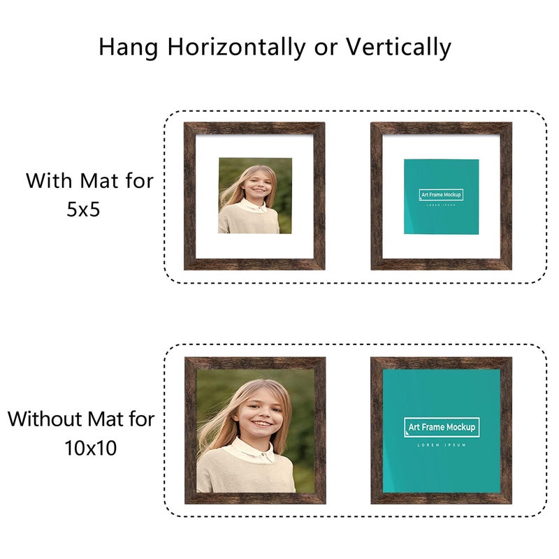Picrit 10x10 Picture Frame Set of 4  Made of High Definition Real Glass  Display 5x5 with Mat or 10x10 Without Mat  Photo Frames for Wall Mounting Display  Brown - Image 2