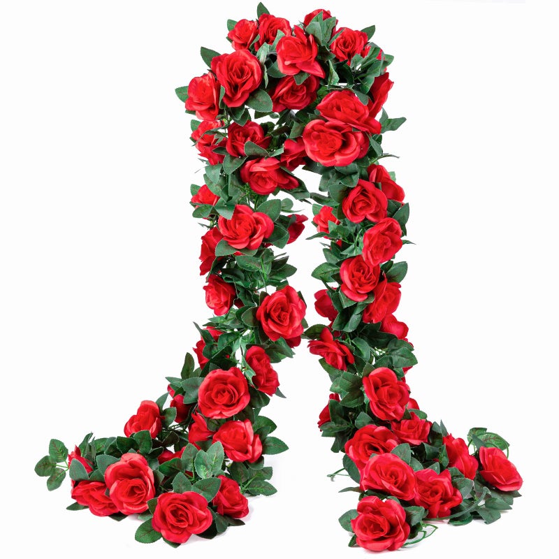 OWPFJG 2 Pack (16FT) Artificial Rose Vine Fake Flowers Garland Hanging Silk Rose Ivy Plants Vine for Mother's Day Wedding Arch Party Garden Wall Aesthetic Art DÃ©cor (Red) - Image 1