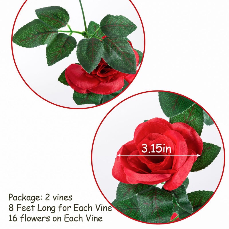 OWPFJG 2 Pack (16FT) Artificial Rose Vine Fake Flowers Garland Hanging Silk Rose Ivy Plants Vine for Mother's Day Wedding Arch Party Garden Wall Aesthetic Art DÃ©cor (Red) - Image 3
