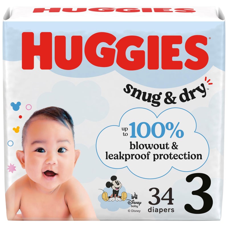 Huggies Size 3 Diapers, Snug & Dry Baby Diapers, Size 3 (16-28 lbs), 34 Count, Packaging May Vary - Image 1