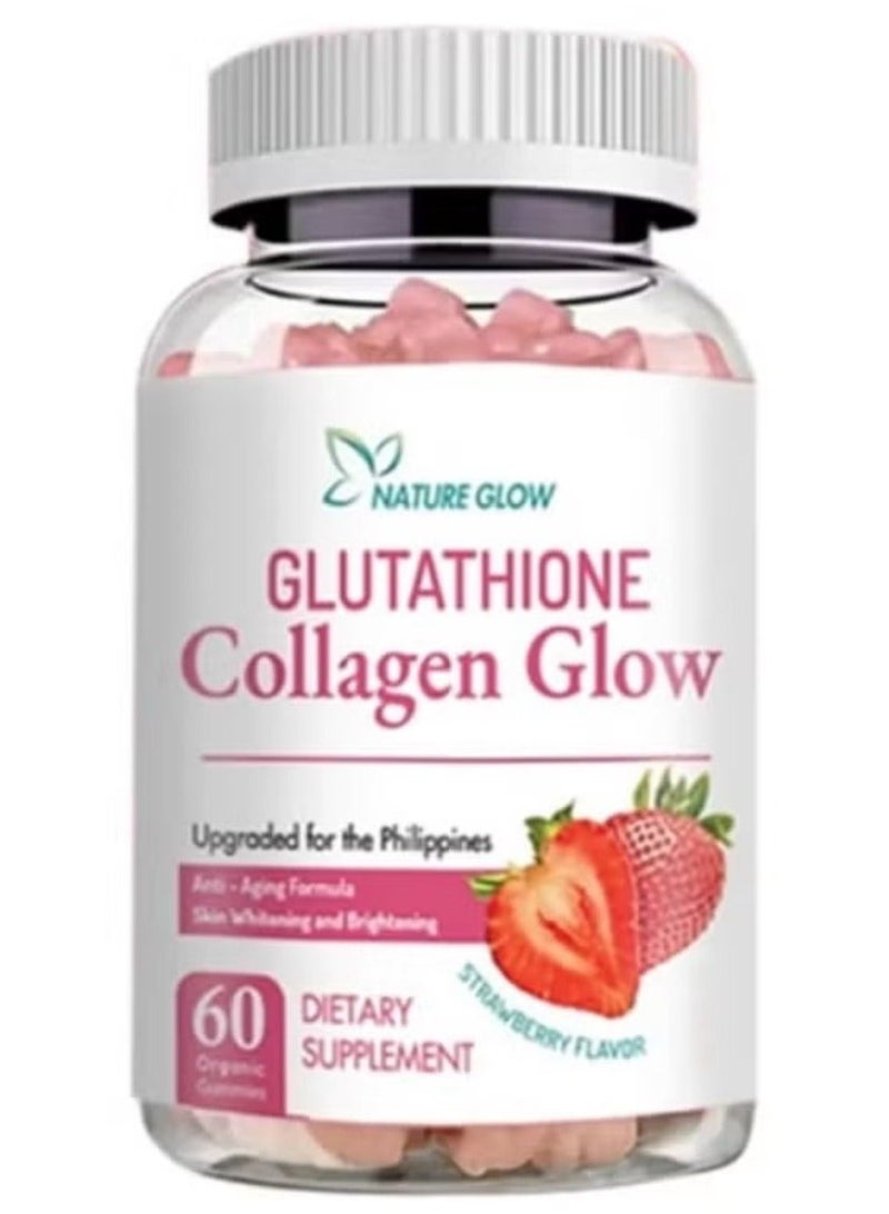 Nature Glow Glutathione & Collagen Glow Strawberry Flavor – 60 Organic Chewable Gummies | Antioxidant-Rich Skin & Hair Support