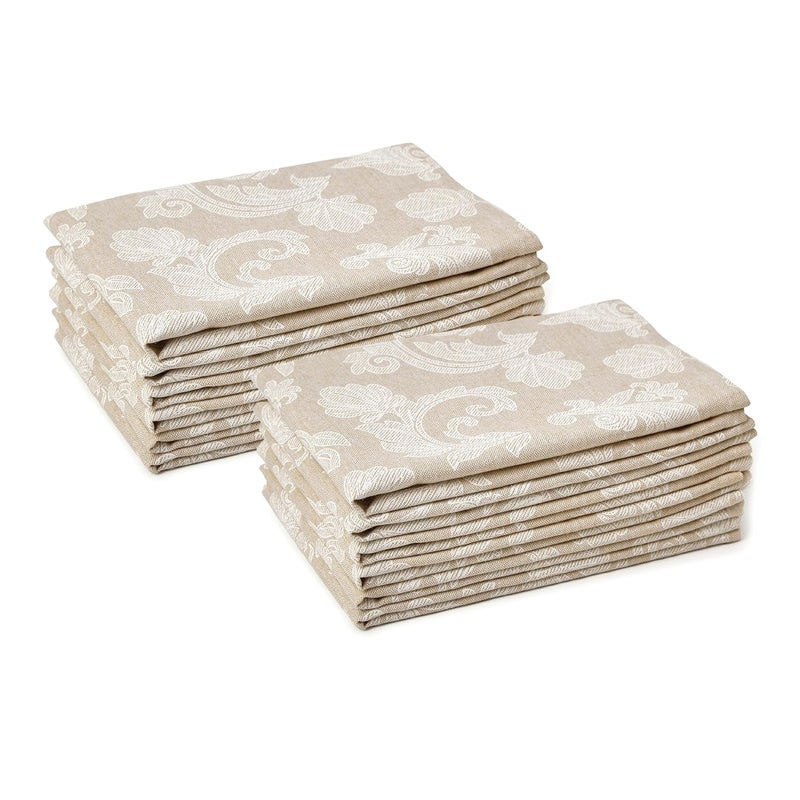 Encasa XO طقم مناديل طاولة قطنية 12 قطعة، حجم 45x45 سم | تصميم جاكار مزخرف باللون البيج، قابلة للغسل في الغسالة وقابلة لإعادة الاستخدام، مناديل طاولة أنيقة للمطبخ والفنادق والحفلات - Image 1