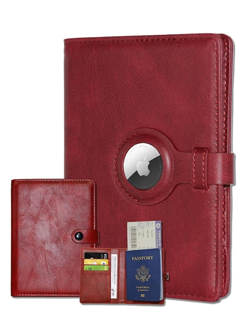 Excefore محفظة جواز سفر للسيدات والرجال مع حامل Airtag، مجموعة حامل جواز السفر وبطاقة اللقاح مع فتحة بطاقة، حامل جواز سفر جلدية مع Airtag وضروريات السفر بالطائرة (أحمر) - Image 1