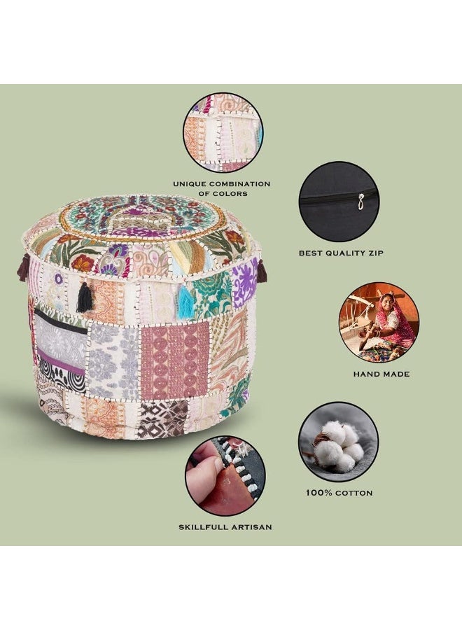 Aakriti Gallery Indian Pouf Footstool Ethnic Embroidered Pouf Cover, Indian Cotton Round Pouffe Ottoman Pouf Cover Pillow Ethnic Decor Art - Cover Only (White, 22X14) - Image 4