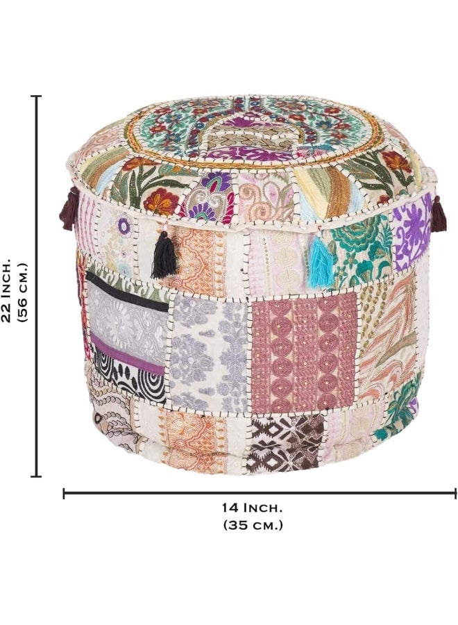 Aakriti Gallery Indian Pouf Footstool Ethnic Embroidered Pouf Cover, Indian Cotton Round Pouffe Ottoman Pouf Cover Pillow Ethnic Decor Art - Cover Only (White, 22X14) - Image 3